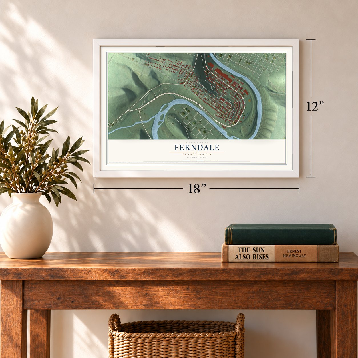 Ferndale, Pennsylvania map, 12 x 18 inch print in a white frame in an entryway