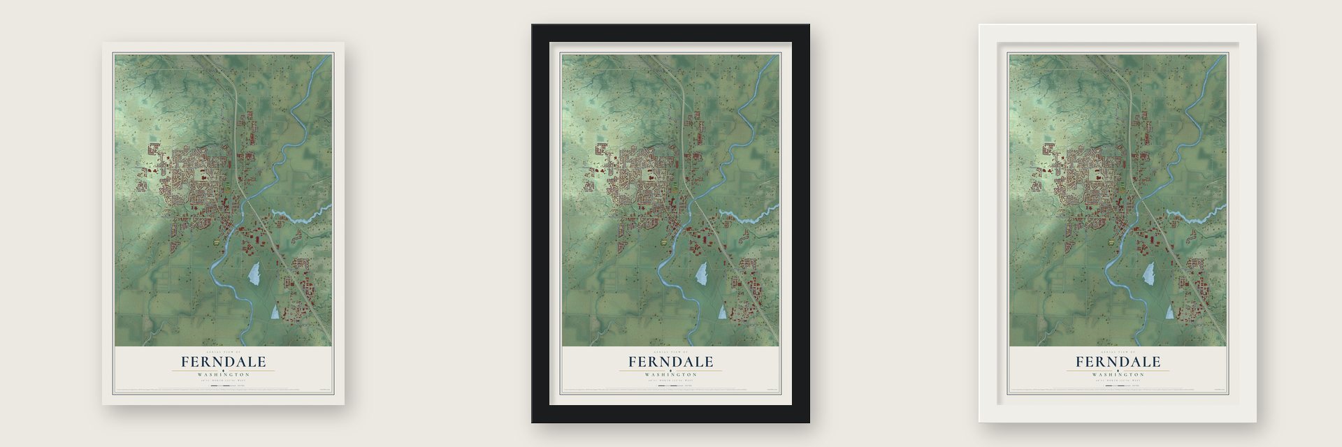 Ferndale, Washington map unframed, in a black wood frame and in a white wood frame