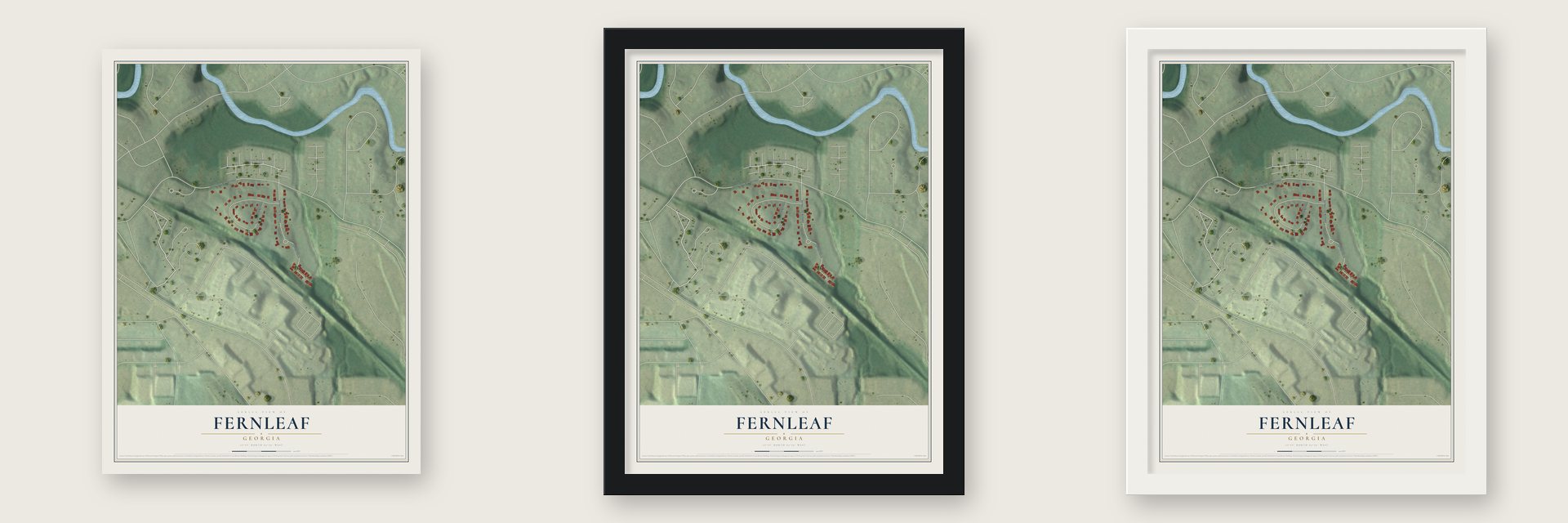 Fernleaf, Georgia map unframed, in a black wood frame and in a white wood frame