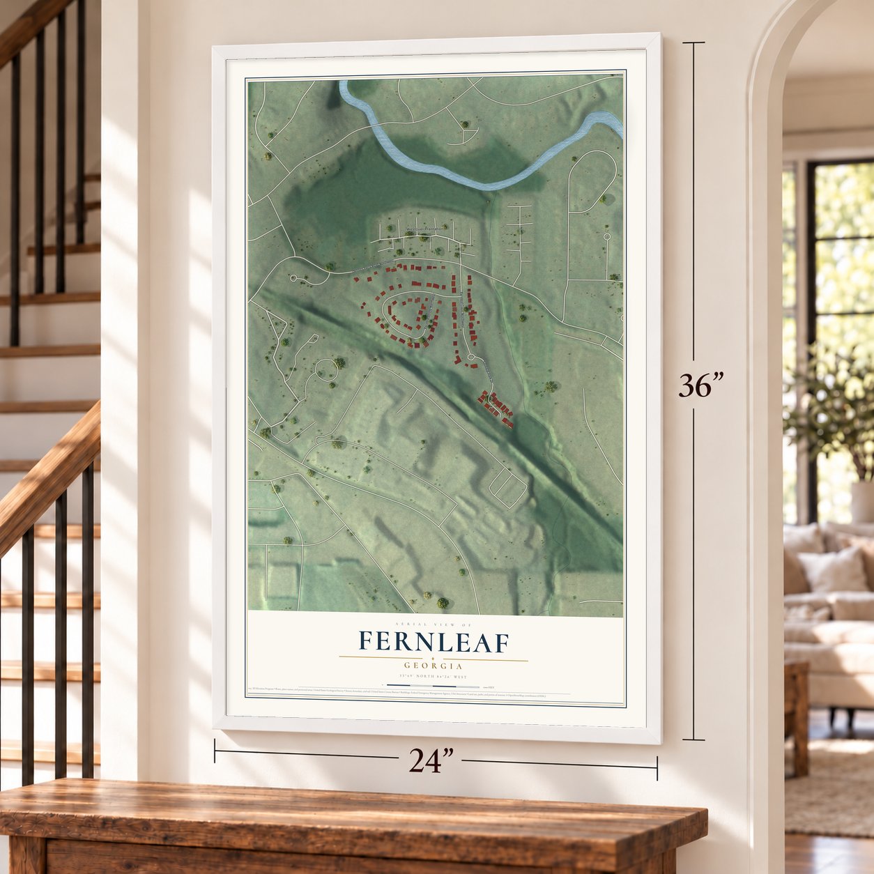 Fernleaf, Georgia map, 24 x 36 inch print in a white frame by a staircase