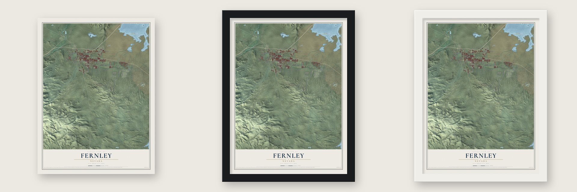 Fernley, Nevada map unframed, in a black wood frame and in a white wood frame