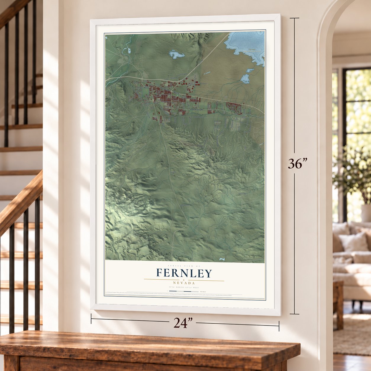 Fernley, Nevada map, 24 x 36 inch print in a white frame by a staircase