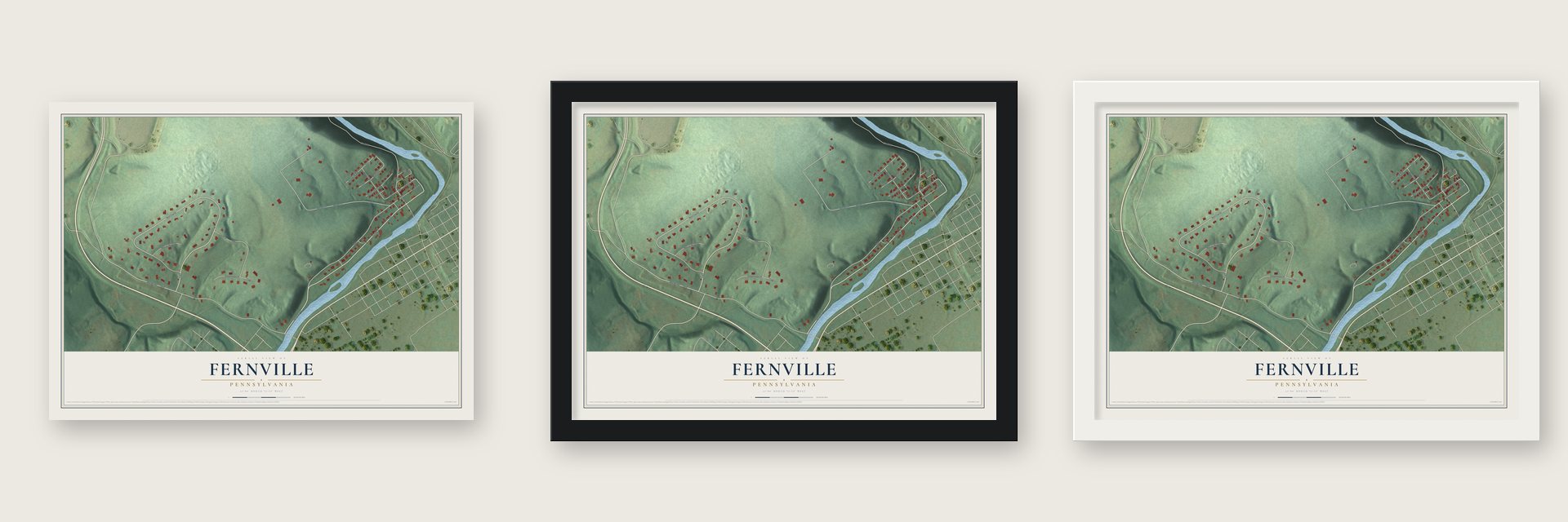 Fernville, Pennsylvania map unframed, in a black wood frame and in a white wood frame