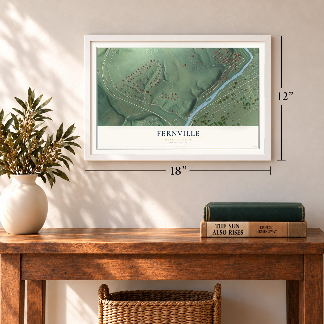 Fernville, Pennsylvania map, 12 x 18 inch print in a white frame in an entryway
