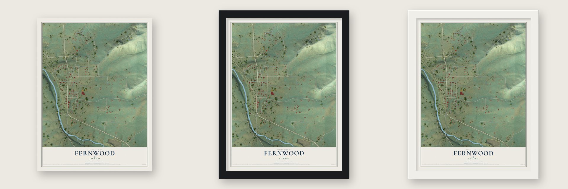Fernwood, Idaho map unframed, in a black wood frame and in a white wood frame