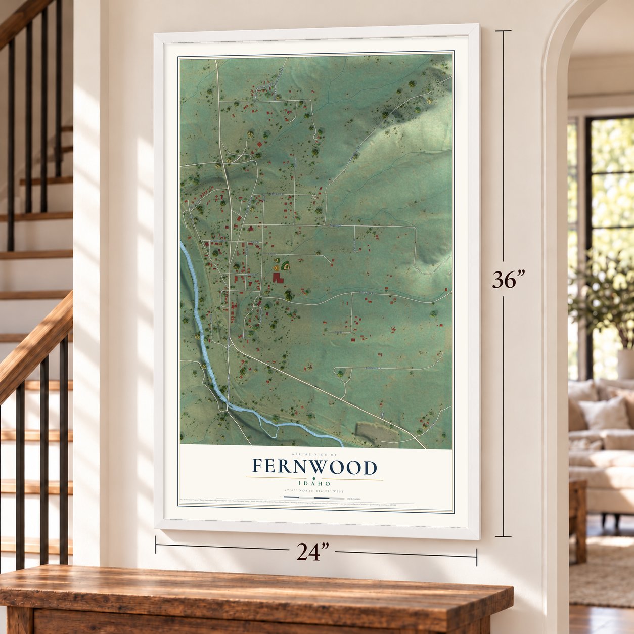 Fernwood, Idaho map, 24 x 36 inch print in a white frame by a staircase