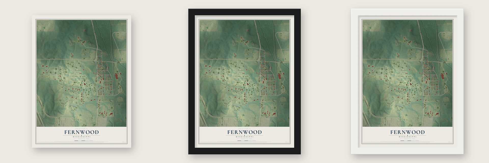 Fernwood, Mississippi map unframed, in a black wood frame and in a white wood frame