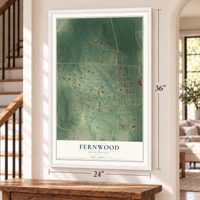 Fernwood, Mississippi map, 24 x 36 inch print in a white frame by a staircase