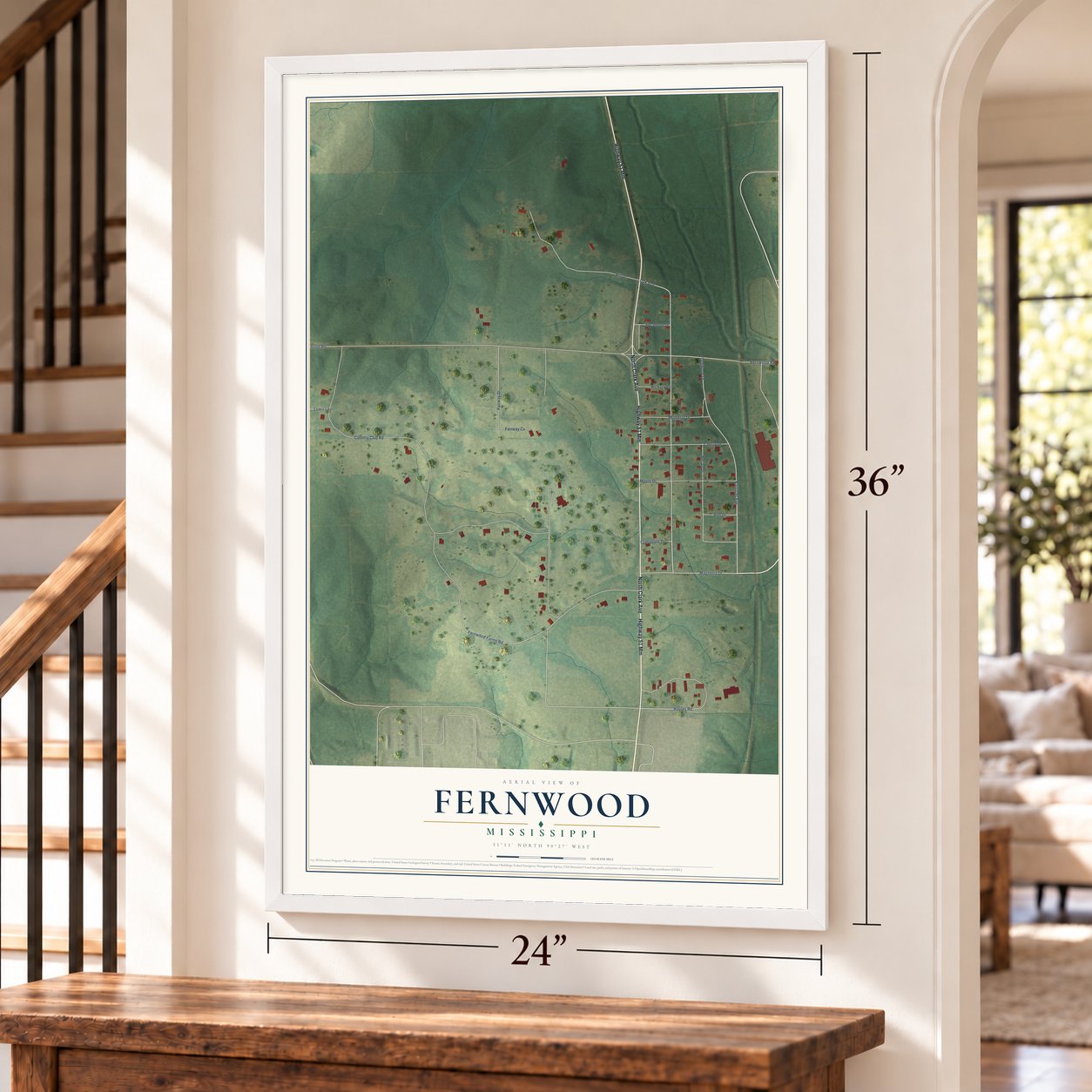 Fernwood, Mississippi map, 24 x 36 inch print in a white frame by a staircase