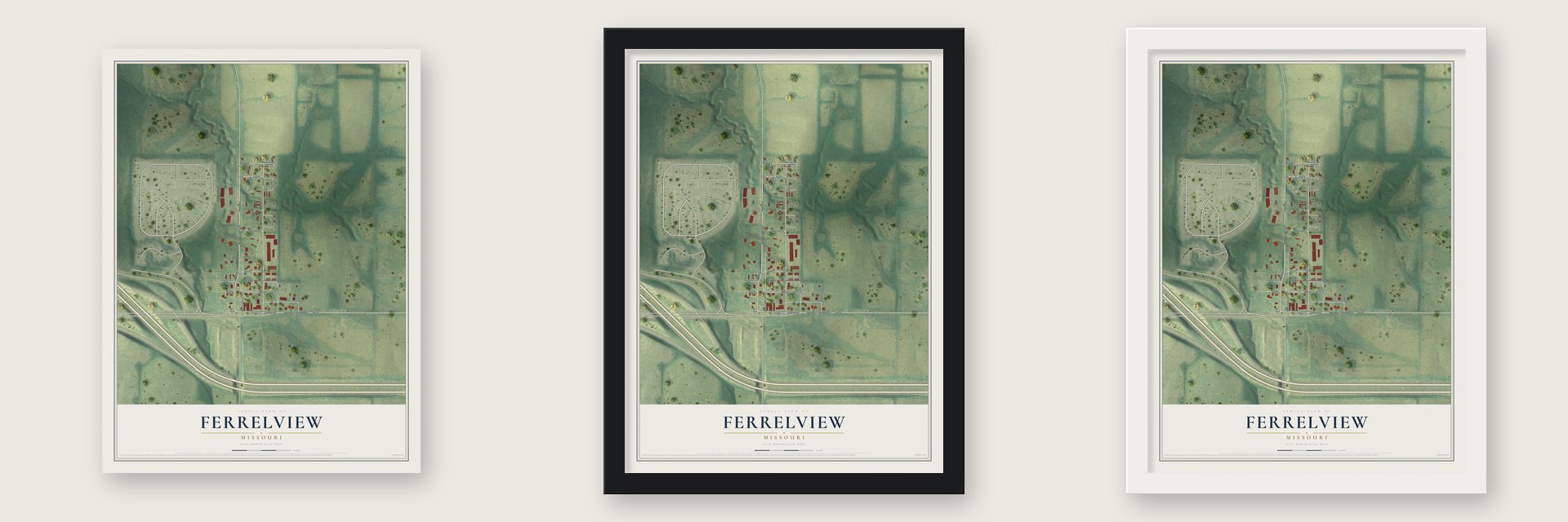Ferrelview, Missouri map unframed, in a black wood frame and in a white wood frame