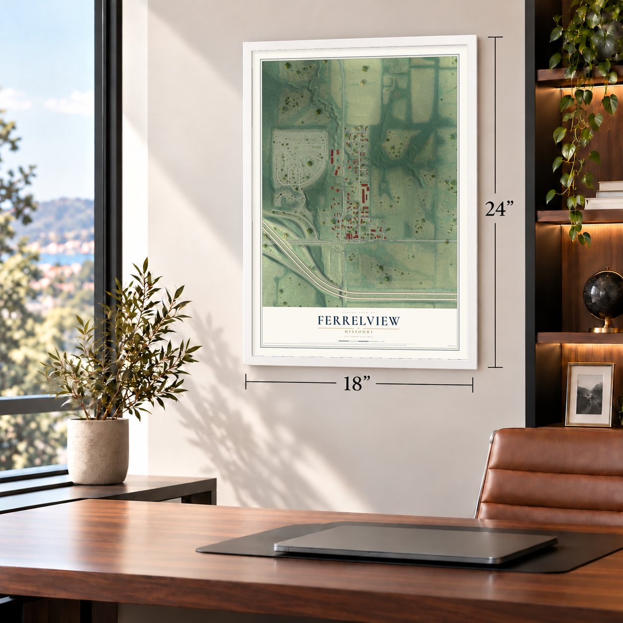 Ferrelview, Missouri map, 18 x 24 inch print in a white frame in a home office