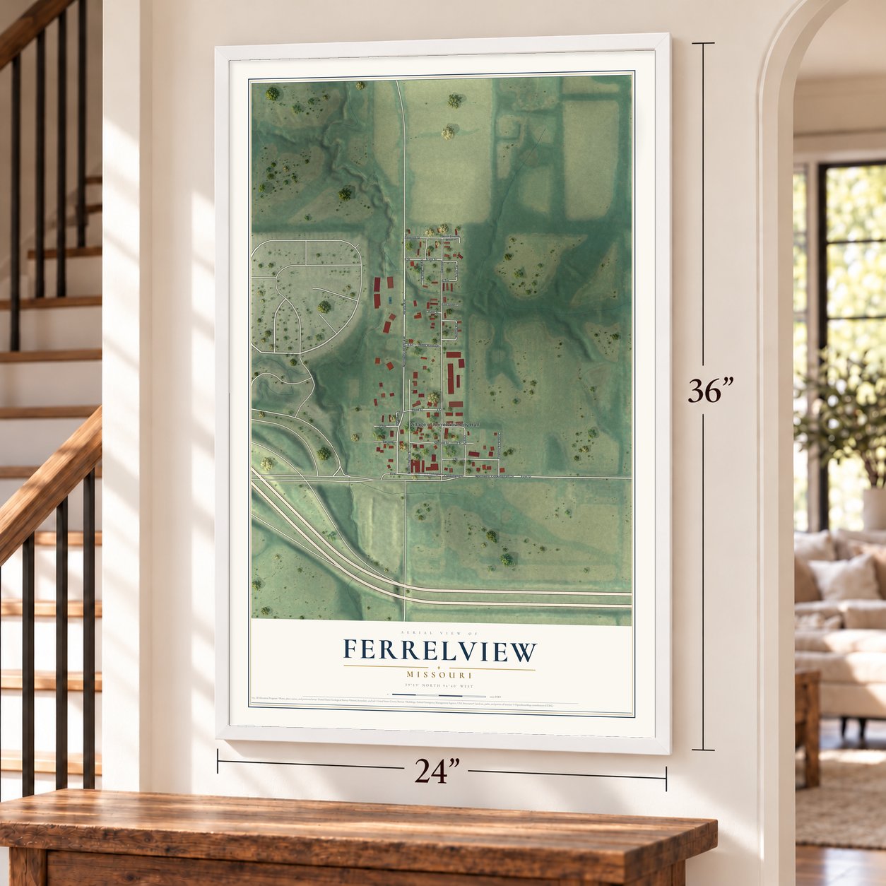 Ferrelview, Missouri map, 24 x 36 inch print in a white frame by a staircase