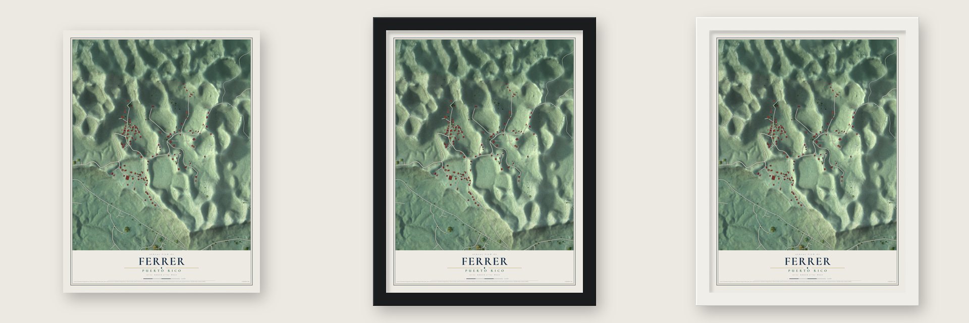 Ferrer, Puerto Rico map unframed, in a black wood frame and in a white wood frame