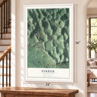 Ferrer, Puerto Rico map, 24 x 36 inch print in a white frame by a staircase