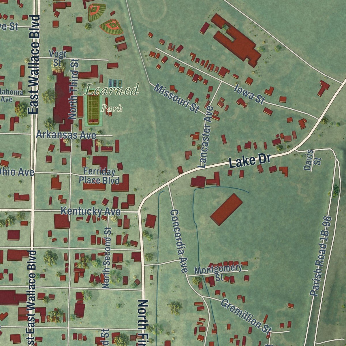 Second close-up of the map of Ferriday, Louisiana print showing more streets and buildings
