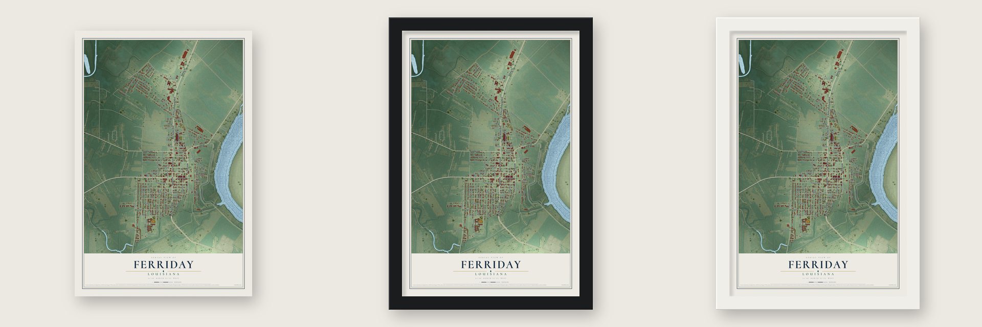 Ferriday, Louisiana map unframed, in a black wood frame and in a white wood frame