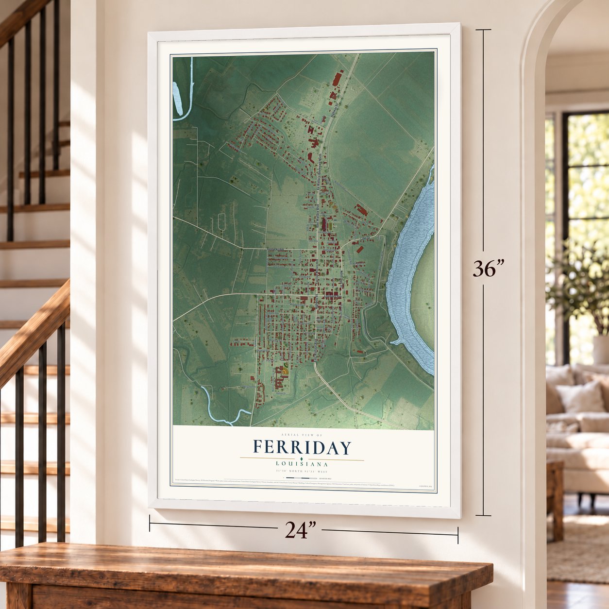 Ferriday, Louisiana map, 24 x 36 inch print in a white frame by a staircase