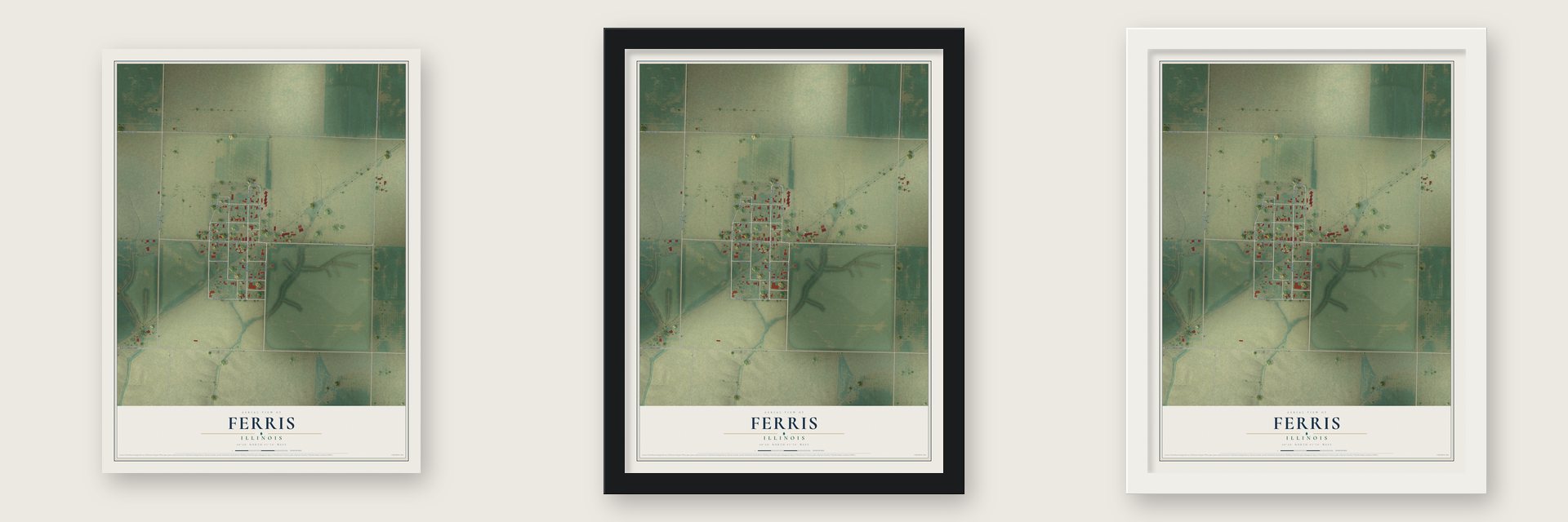Ferris, Illinois map unframed, in a black wood frame and in a white wood frame