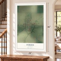 Ferris, Illinois map, 24 x 36 inch print in a white frame by a staircase
