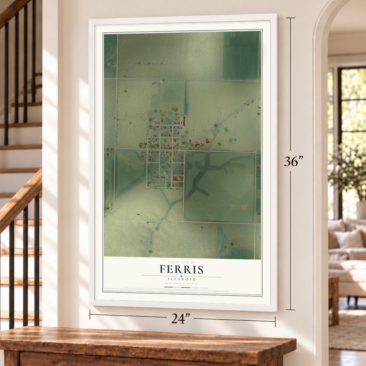 Ferris, Illinois map, 24 x 36 inch print in a white frame by a staircase