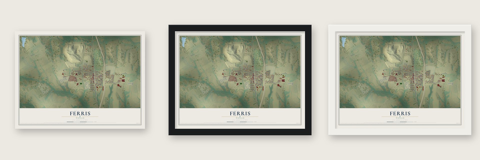 Ferris, Texas map unframed, in a black wood frame and in a white wood frame