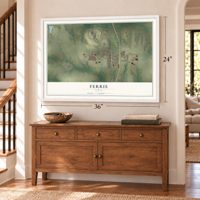 Ferris, Texas map, 24 x 36 inch print in a white frame above a dresser by a staircase