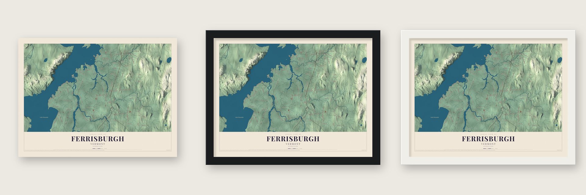 Ferrisburgh, Vermont map unframed, in a black wood frame and in a white wood frame