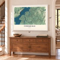 Ferrisburgh, Vermont map, 24 x 36 inch print in a white frame above a dresser by a staircase