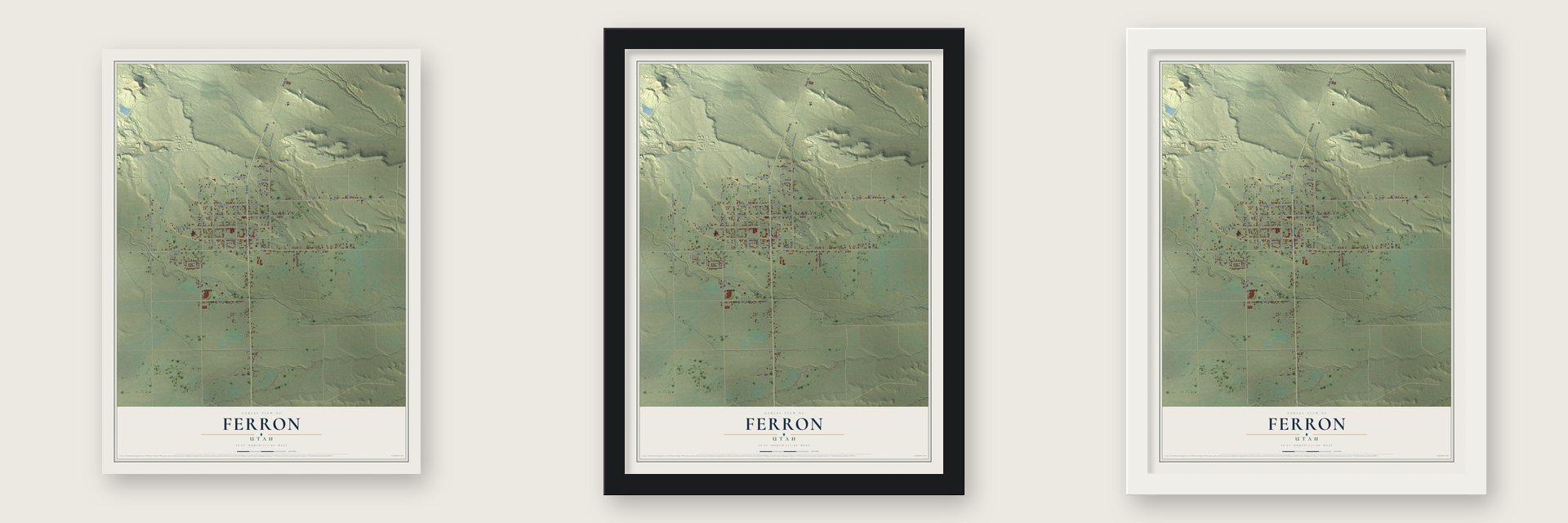 Ferron, Utah map unframed, in a black wood frame and in a white wood frame