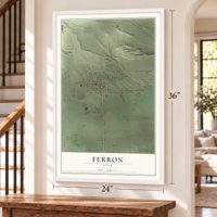 Ferron, Utah map, 24 x 36 inch print in a white frame by a staircase