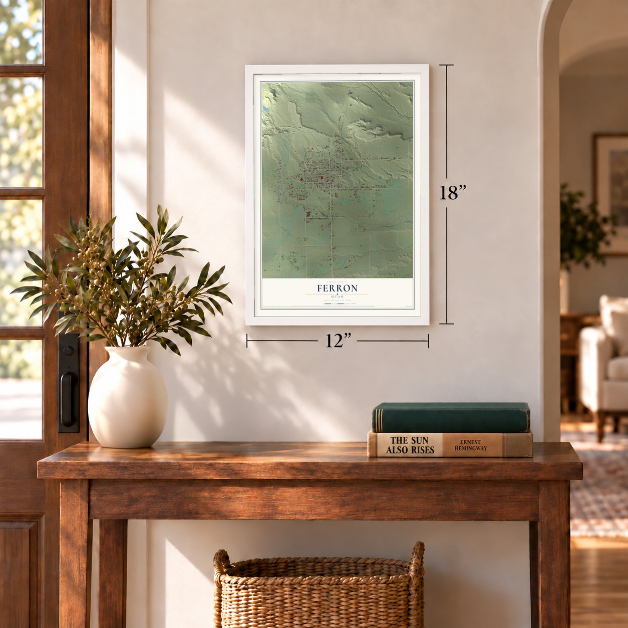 Ferron, Utah map, 12 x 18 inch print in a white frame in an entryway