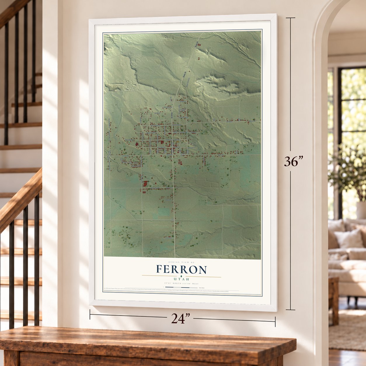 Ferron, Utah map, 24 x 36 inch print in a white frame by a staircase