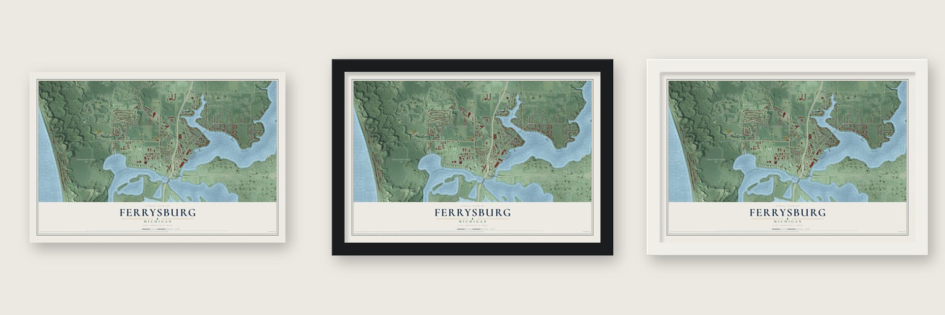Ferrysburg, Michigan map unframed, in a black wood frame and in a white wood frame