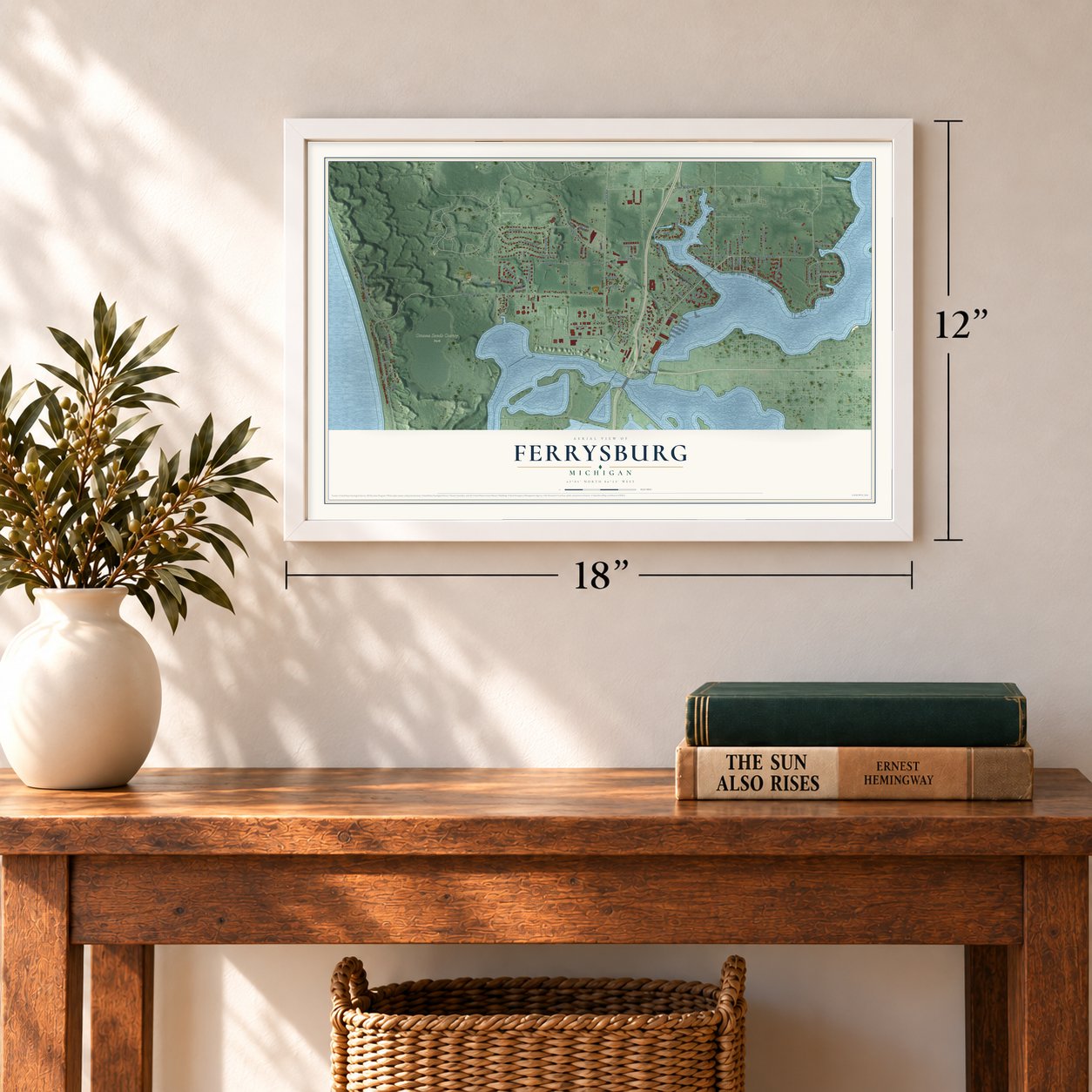 Ferrysburg, Michigan map, 12 x 18 inch print in a white frame in an entryway