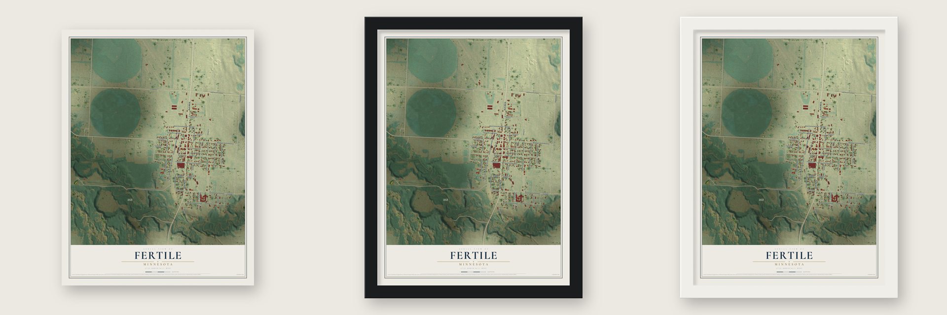 Fertile, Minnesota map unframed, in a black wood frame and in a white wood frame