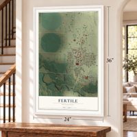 Fertile, Minnesota map, 24 x 36 inch print in a white frame by a staircase