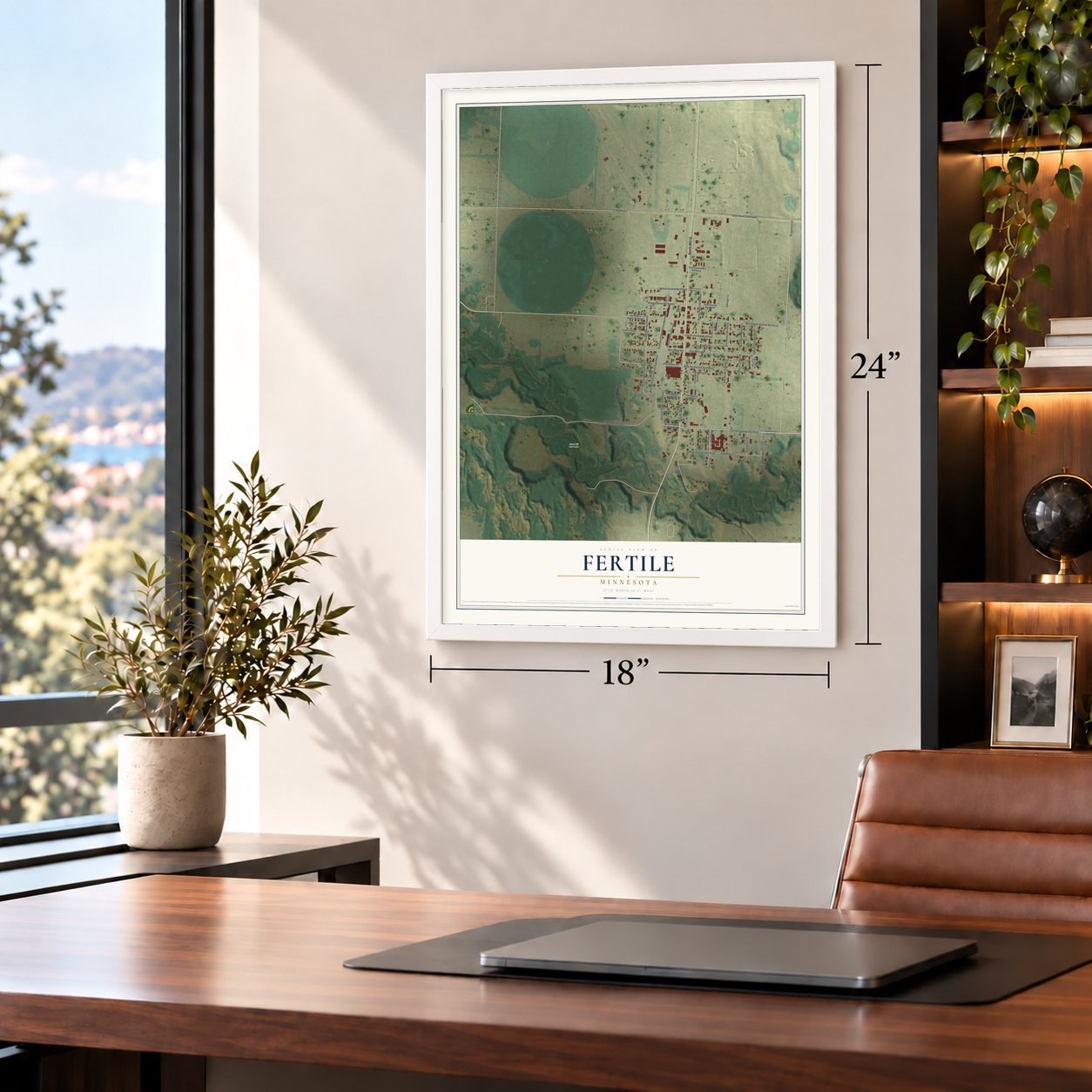 Fertile, Minnesota map, 18 x 24 inch print in a white frame in a home office