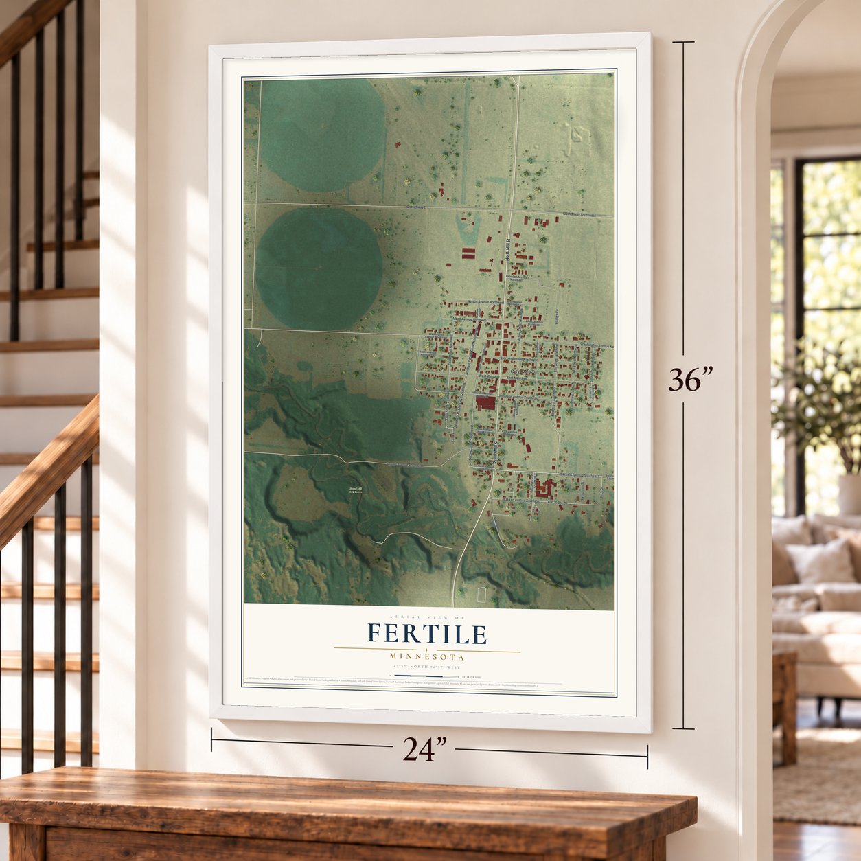 Fertile, Minnesota map, 24 x 36 inch print in a white frame by a staircase