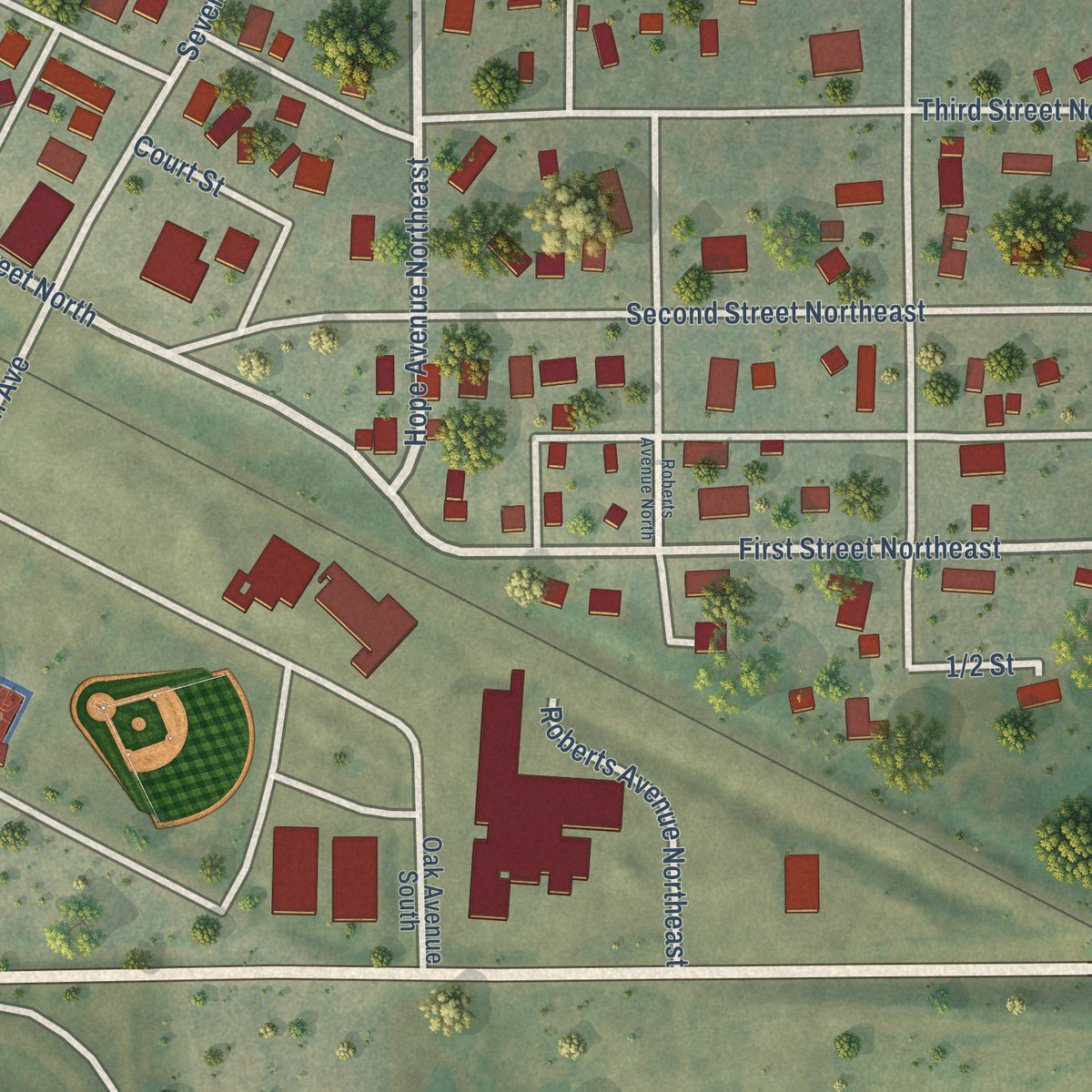 Second close-up of the map of Fessenden, North Dakota print showing more streets and buildings