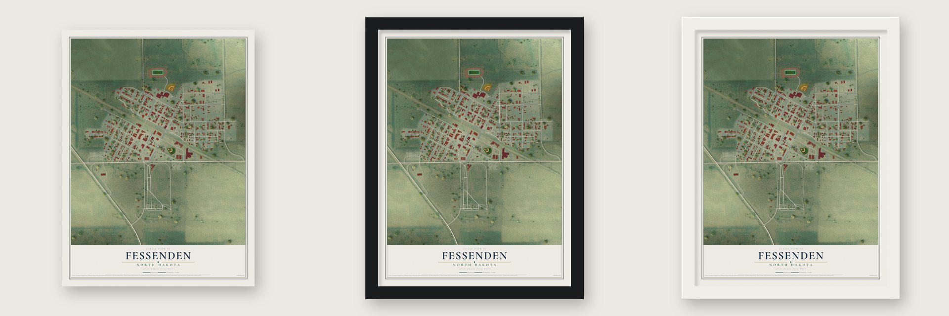 Fessenden, North Dakota map unframed, in a black wood frame and in a white wood frame