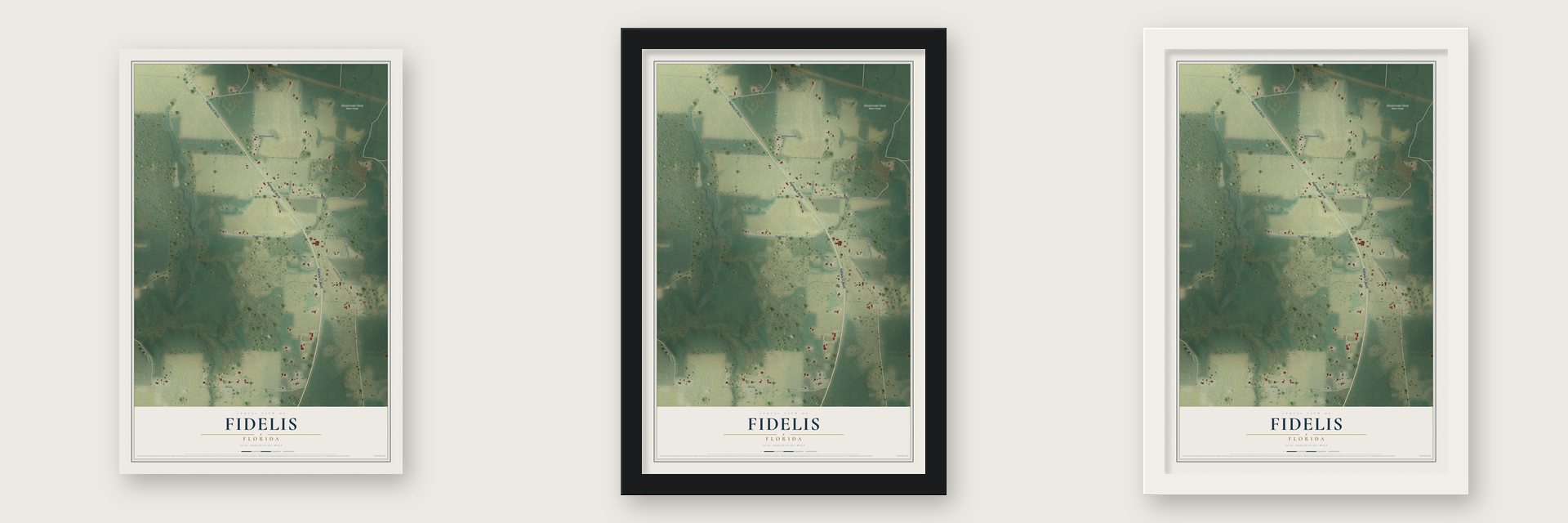 Fidelis, Florida map unframed, in a black wood frame and in a white wood frame