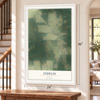Fidelis, Florida map, 24 x 36 inch print in a white frame by a staircase
