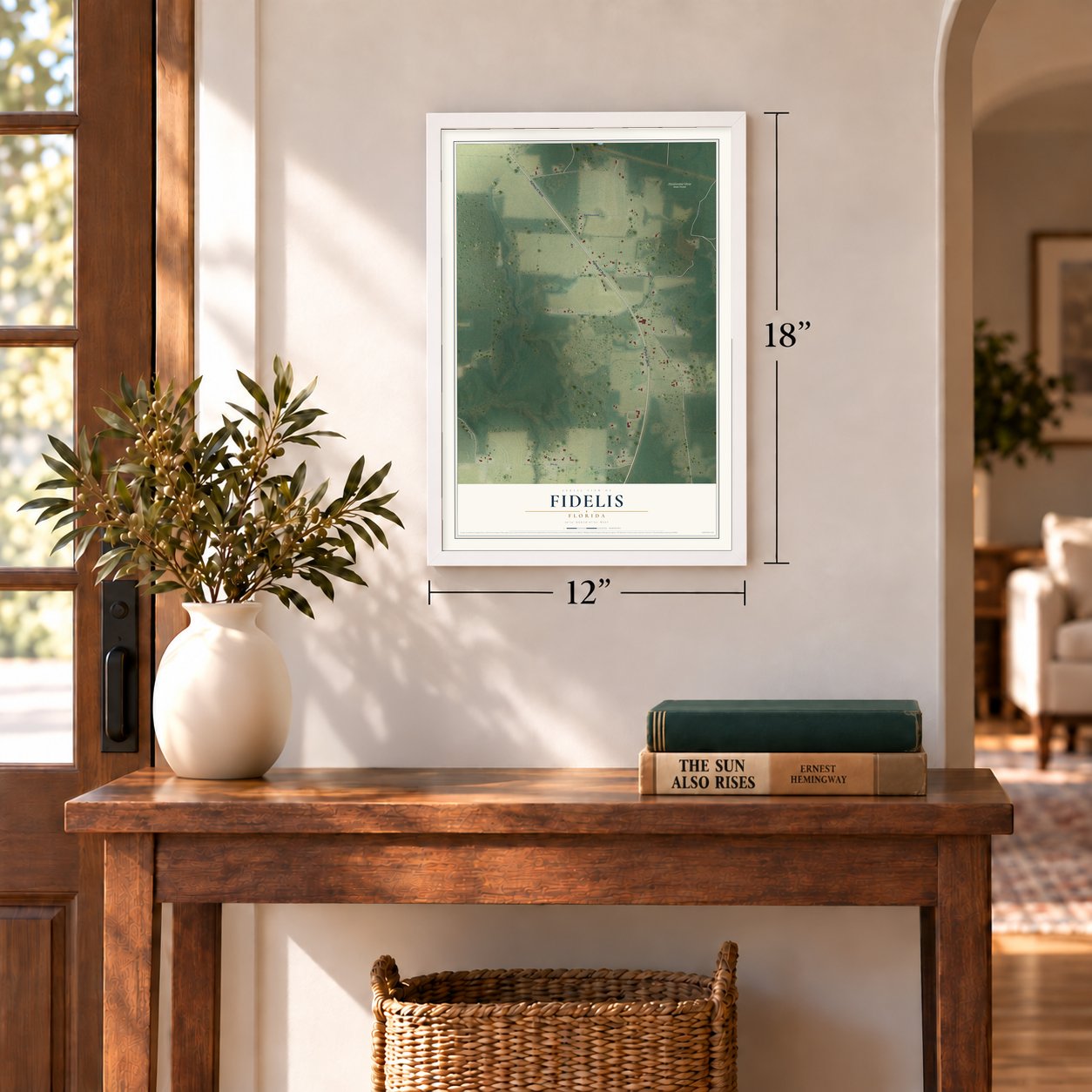 Fidelis, Florida map, 12 x 18 inch print in a white frame in an entryway