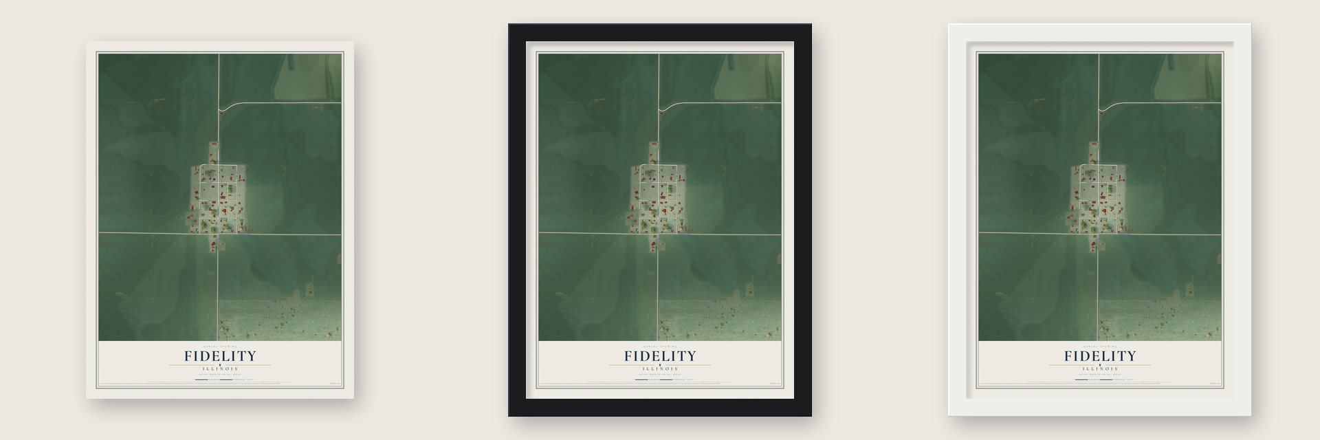 Fidelity, Illinois map unframed, in a black wood frame and in a white wood frame