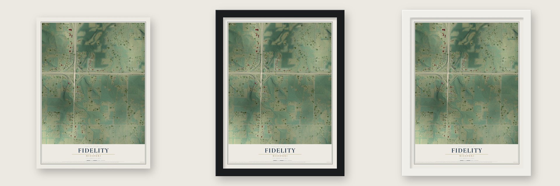 Fidelity, Missouri map unframed, in a black wood frame and in a white wood frame