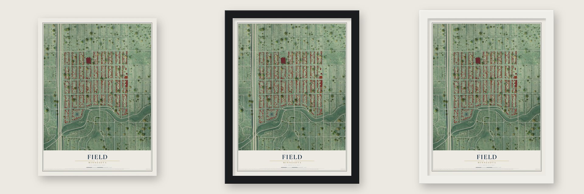 Field, Minnesota map unframed, in a black wood frame and in a white wood frame