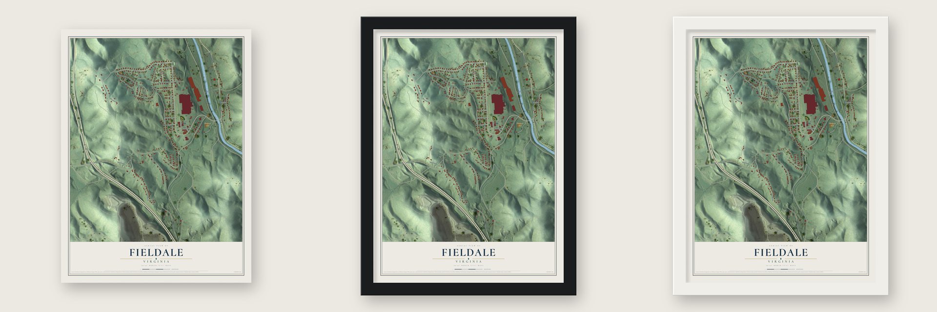 Fieldale, Virginia map unframed, in a black wood frame and in a white wood frame