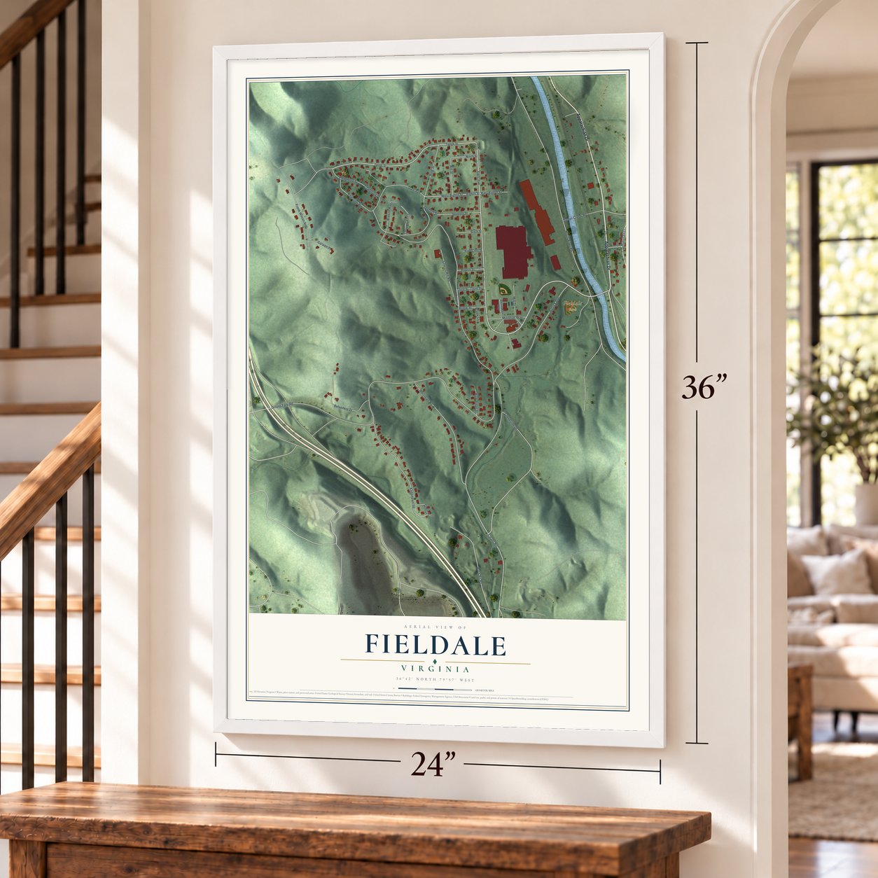 Fieldale, Virginia map, 24 x 36 inch print in a white frame by a staircase