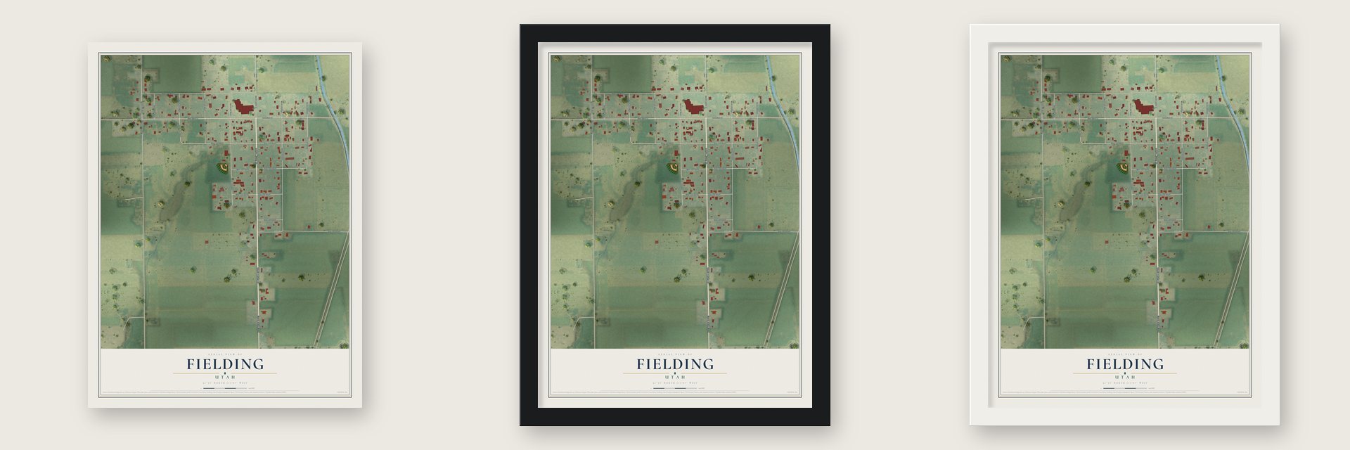 Fielding, Utah map unframed, in a black wood frame and in a white wood frame