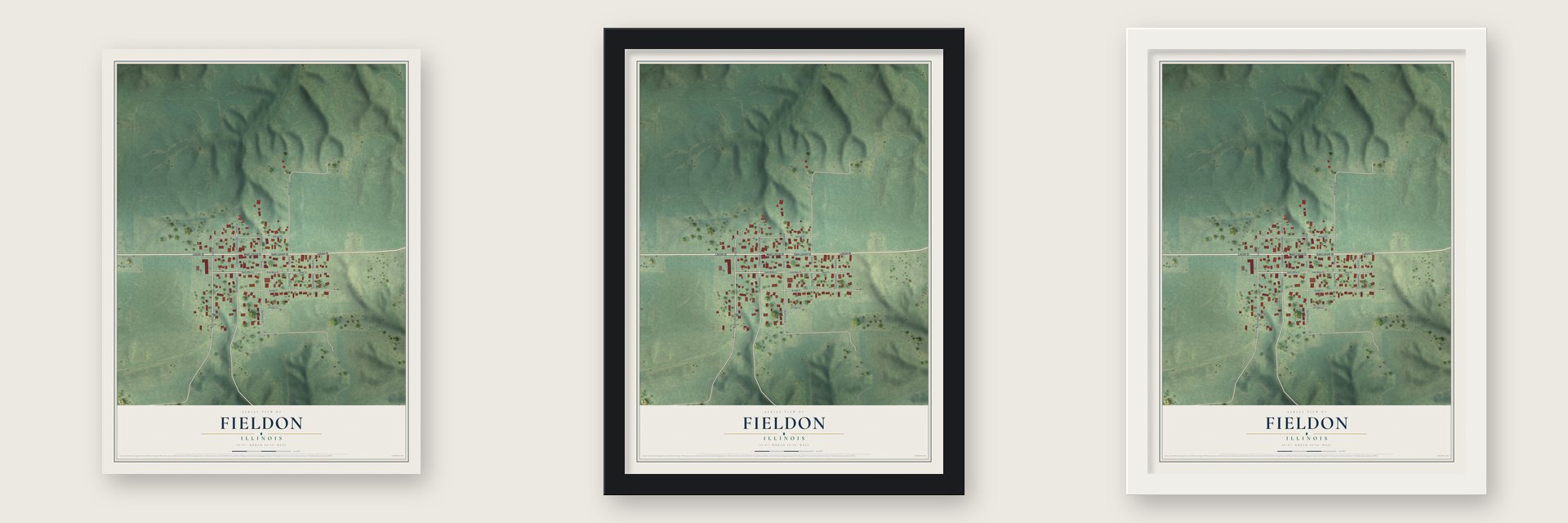 Fieldon, Illinois map unframed, in a black wood frame and in a white wood frame